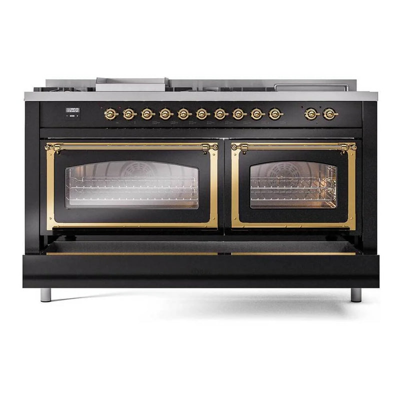 ILVE Nostalgie II Noblesse 60" Dual Fuel Freestanding Range in Glossy Black with Brass Trim, UN60FSNMPBKG