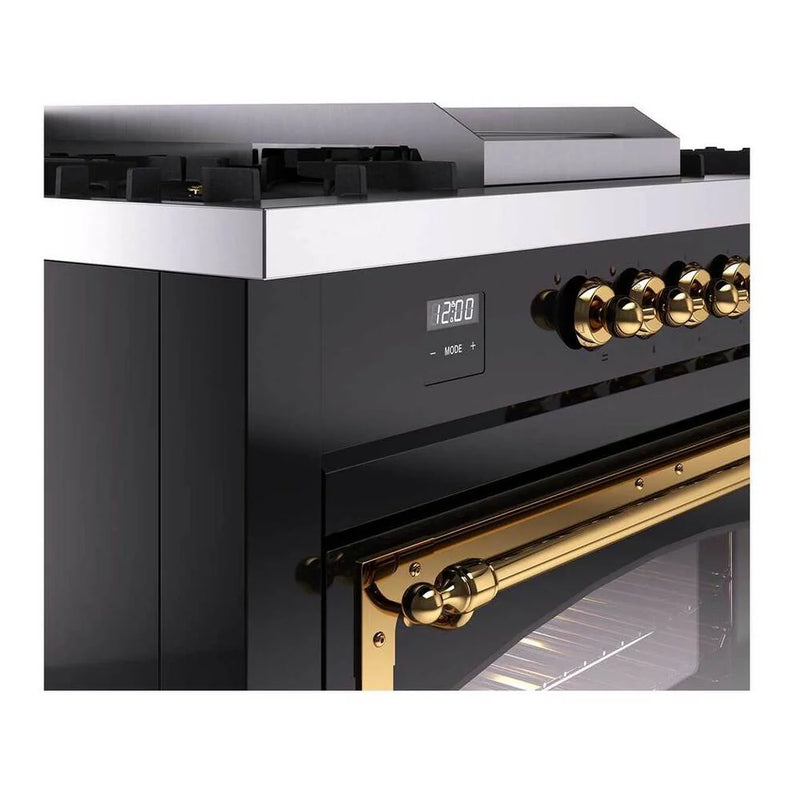 ILVE Nostalgie II Noblesse 60" Dual Fuel Freestanding Range in Glossy Black with Brass Trim, UN60FSNMPBKG