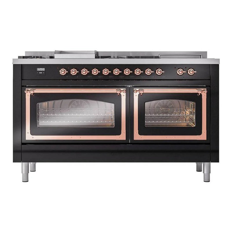 ILVE Nostalgie II Noblesse 60" Dual Fuel Freestanding Range in Glossy Black with Copper Trim, UN60FSNMPBKPLP