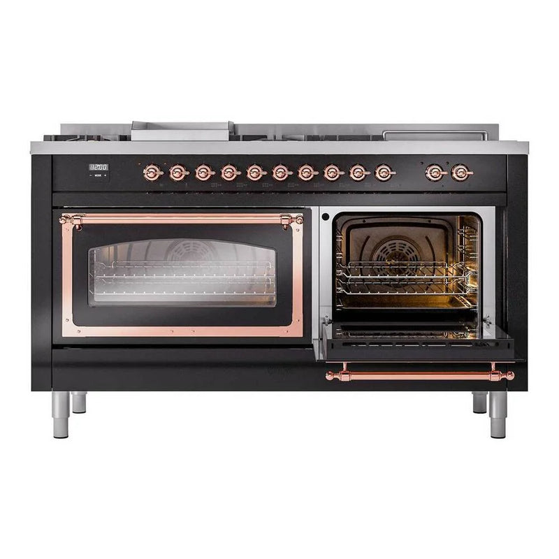 ILVE Nostalgie II Noblesse 60" Dual Fuel Freestanding Range in Glossy Black with Copper Trim, UN60FSNMPBKPLP