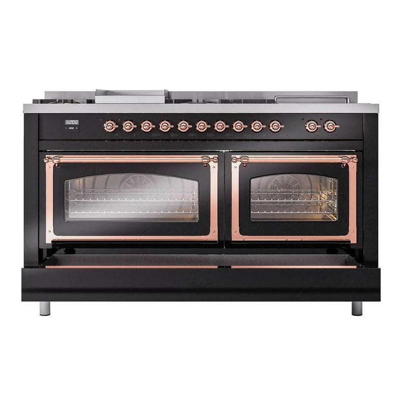 ILVE Nostalgie II Noblesse 60" Dual Fuel Freestanding Range in Glossy Black with Copper Trim, UN60FSNMPBKPLP