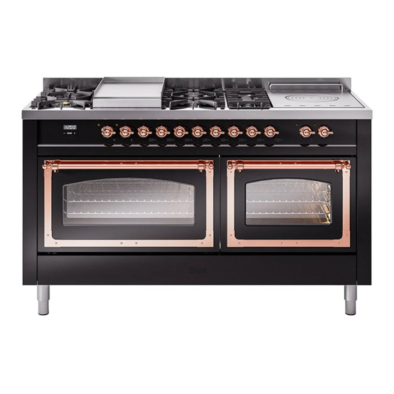 ILVE Nostalgie II Noblesse 60" Dual Fuel Freestanding Range in Glossy Black with Copper Trim, UN60FSNMPBKP
