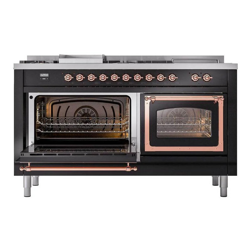 ILVE Nostalgie II Noblesse 60" Dual Fuel Freestanding Range in Glossy Black with Copper Trim, UN60FSNMPBKP