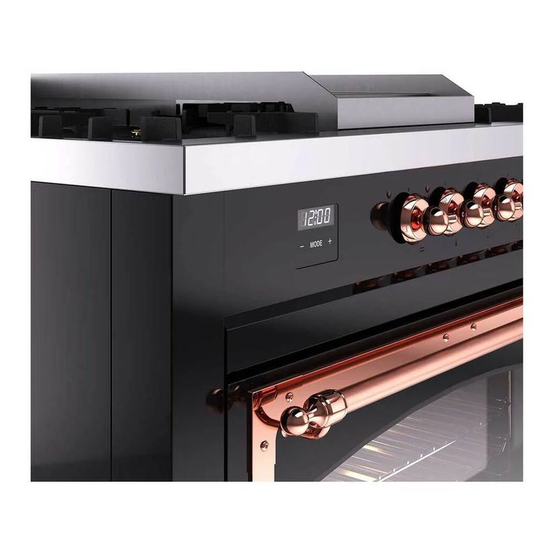 ILVE Nostalgie II Noblesse 60" Dual Fuel Freestanding Range in Glossy Black with Copper Trim, UN60FSNMPBKP