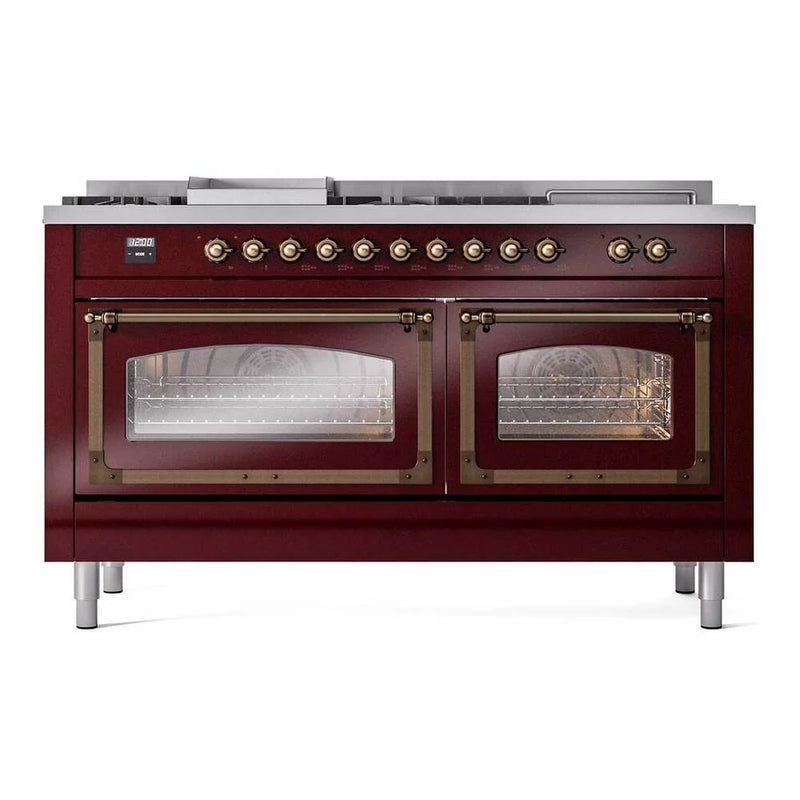 ILVE Nostalgie II Noblesse 60" Dual Fuel Freestanding Range in Burgundy with Burnished Trim, UN60FSNMPBUBLP