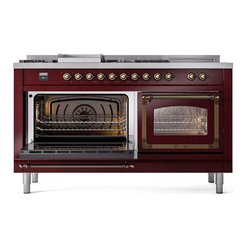 ILVE Nostalgie II Noblesse 60" Dual Fuel Freestanding Range in Burgundy with Burnished Trim, UN60FSNMPBUBLP