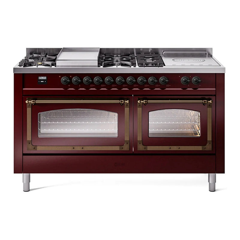 ILVE Nostalgie II Noblesse 60" Dual Fuel Freestanding Range in Burgundy with Burnished Trim, UN60FSNMPBUB