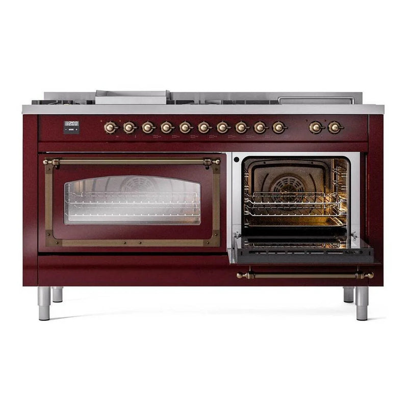 ILVE Nostalgie II Noblesse 60" Dual Fuel Freestanding Range in Burgundy with Burnished Trim, UN60FSNMPBUB