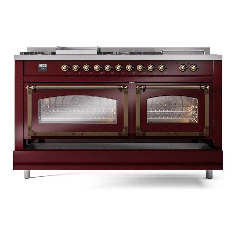 ILVE Nostalgie II Noblesse 60" Dual Fuel Freestanding Range in Burgundy with Burnished Trim, UN60FSNMPBUB