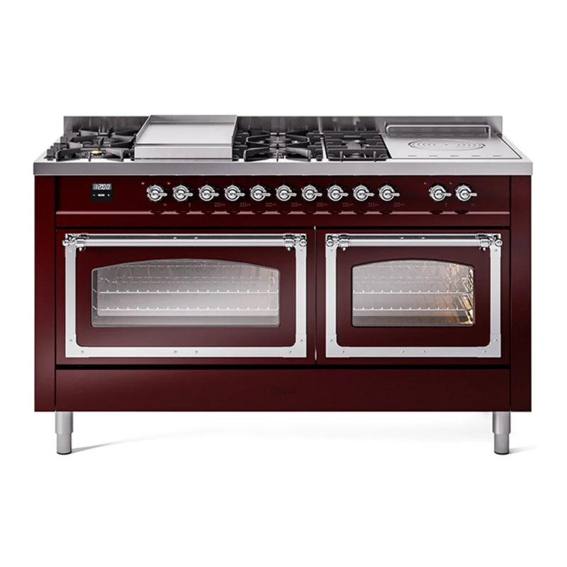 ILVE Nostalgie II Noblesse 60" Dual Fuel Freestanding Range in Burgundy with Chrome Trim, UN60FSNMPBUCLP
