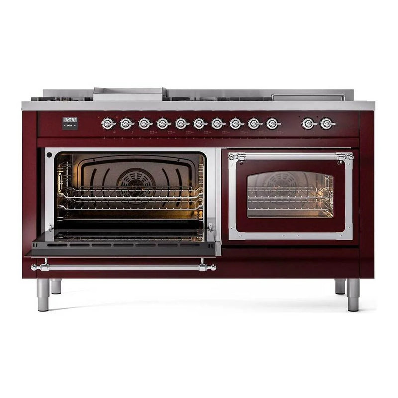 ILVE Nostalgie II Noblesse 60" Dual Fuel Freestanding Range in Burgundy with Chrome Trim, UN60FSNMPBUCLP