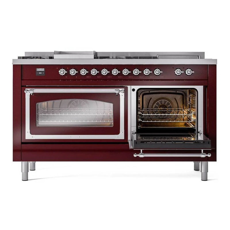 ILVE Nostalgie II Noblesse 60" Dual Fuel Freestanding Range in Burgundy with Chrome Trim, UN60FSNMPBUCLP