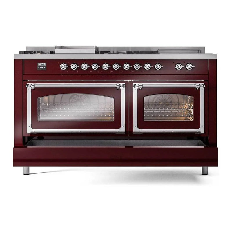 ILVE Nostalgie II Noblesse 60" Dual Fuel Freestanding Range in Burgundy with Chrome Trim, UN60FSNMPBUCLP