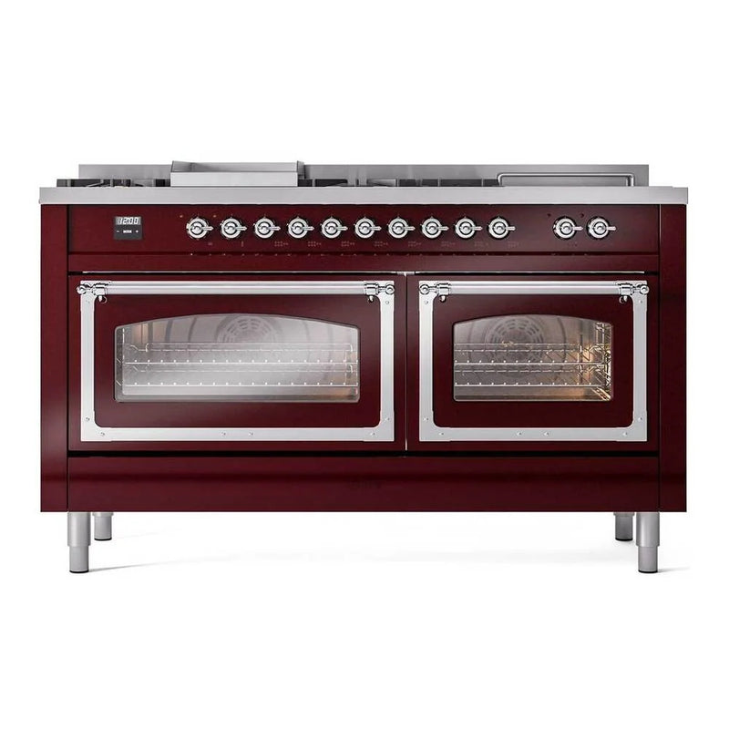 ILVE Nostalgie II Noblesse 60" Dual Fuel Freestanding Range in Burgundy with Chrome Trim, UN60FSNMPBUC