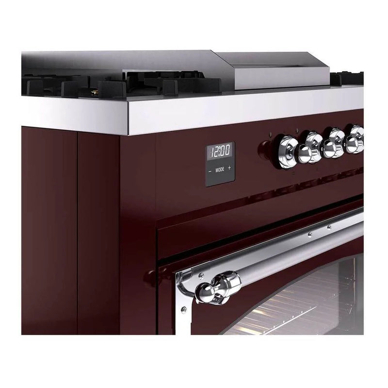ILVE Nostalgie II Noblesse 60" Dual Fuel Freestanding Range in Burgundy with Chrome Trim, UN60FSNMPBUC