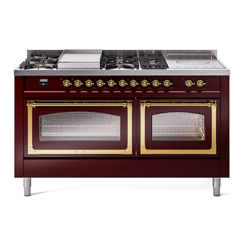 ILVE Nostalgie II Noblesse 60" Dual Fuel Freestanding Range in Burgundy with Brass Trim, UN60FSNMPBUGLP