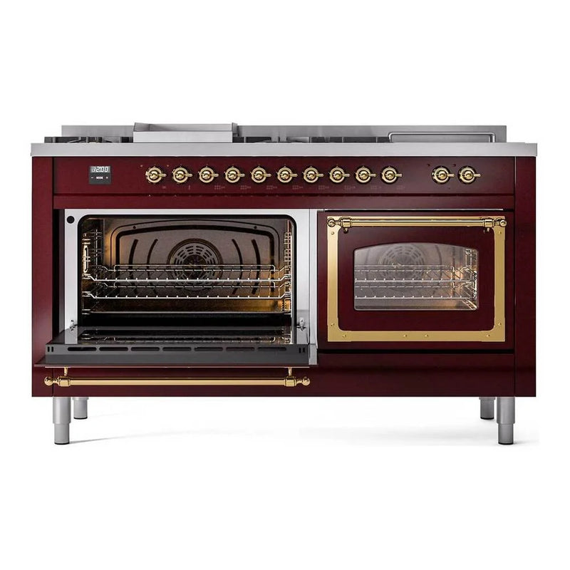ILVE Nostalgie II Noblesse 60" Dual Fuel Freestanding Range in Burgundy with Brass Trim, UN60FSNMPBUGLP