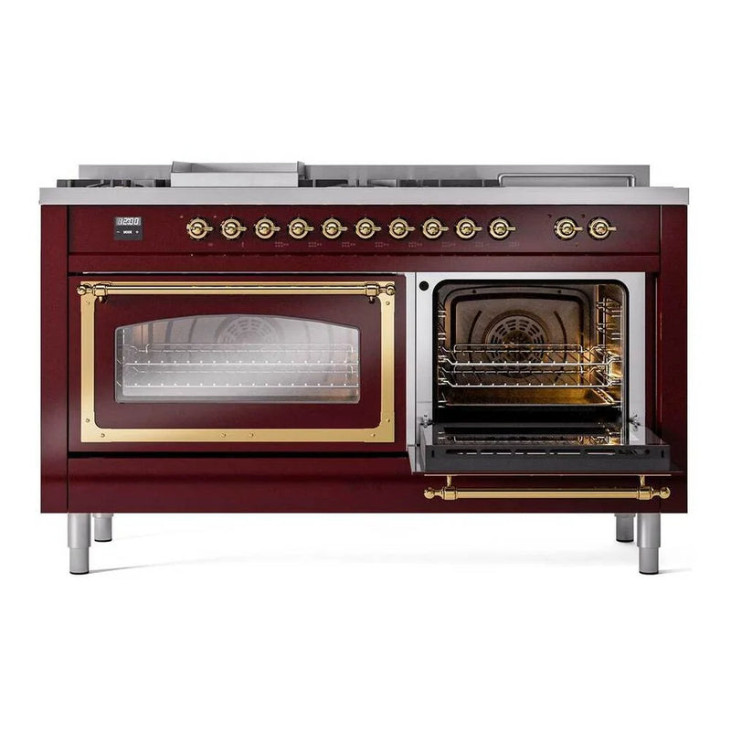 ILVE Nostalgie II Noblesse 60" Dual Fuel Freestanding Range in Burgundy with Brass Trim, UN60FSNMPBUGLP