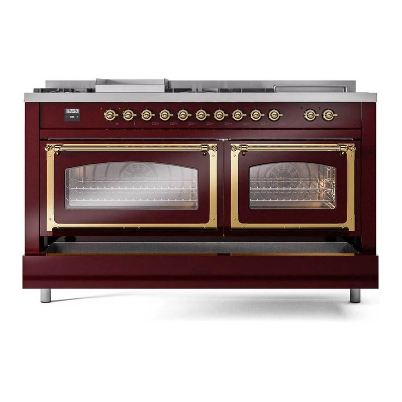ILVE Nostalgie II Noblesse 60" Dual Fuel Freestanding Range in Burgundy with Brass Trim, UN60FSNMPBUGLP