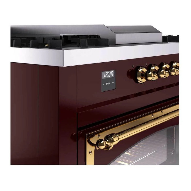ILVE Nostalgie II Noblesse 60" Dual Fuel Freestanding Range in Burgundy with Brass Trim, UN60FSNMPBUGLP