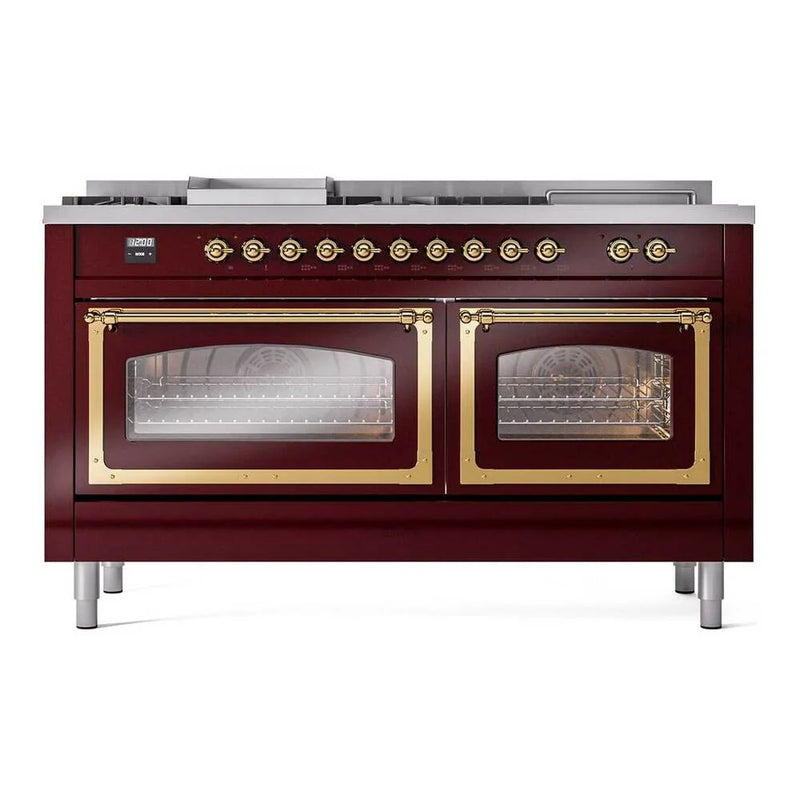 ILVE Nostalgie II Noblesse 60" Dual Fuel Freestanding Range in Burgundy with Brass Trim, UN60FSNMPBUG