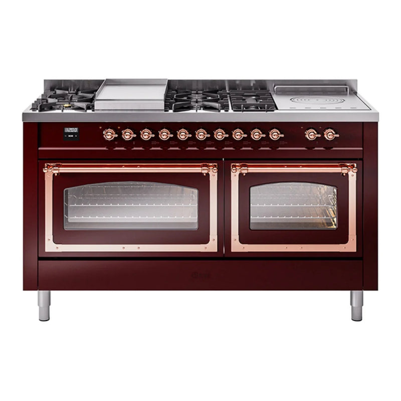 ILVE Nostalgie II Noblesse 60" Dual Fuel Freestanding Range in Burgundy with Copper Trim, UN60FSNMPBUPLP