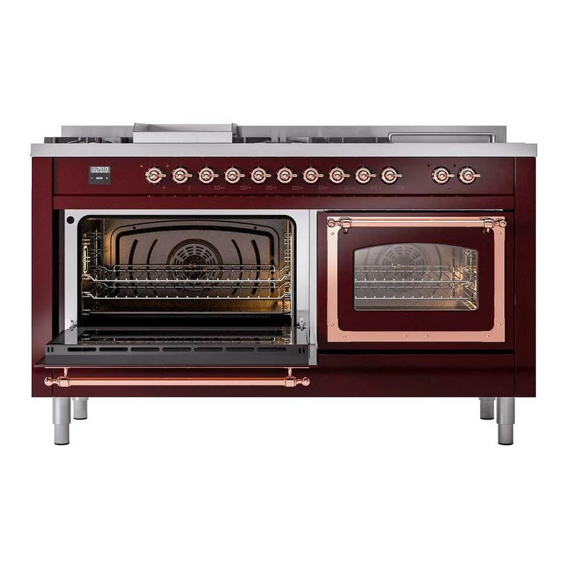 ILVE Nostalgie II Noblesse 60" Dual Fuel Freestanding Range in Burgundy with Copper Trim, UN60FSNMPBUPLP