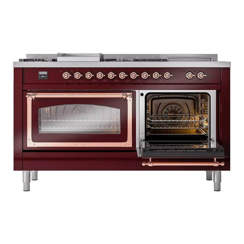 ILVE Nostalgie II Noblesse 60" Dual Fuel Freestanding Range in Burgundy with Copper Trim, UN60FSNMPBUPLP