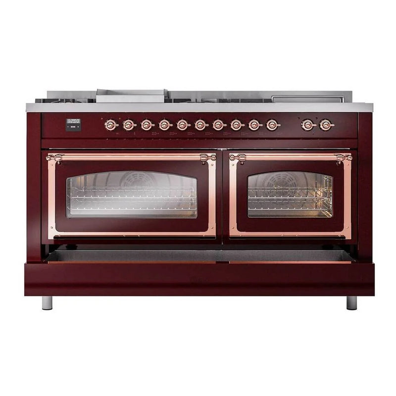 ILVE Nostalgie II Noblesse 60" Dual Fuel Freestanding Range in Burgundy with Copper Trim, UN60FSNMPBUPLP