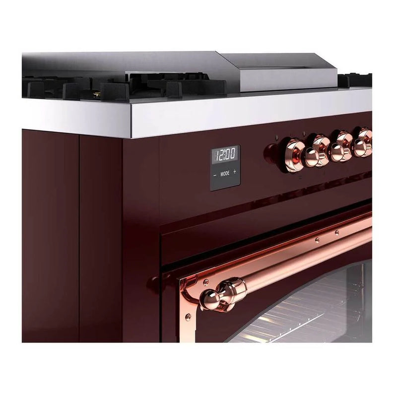 ILVE Nostalgie II Noblesse 60" Dual Fuel Freestanding Range in Burgundy with Copper Trim, UN60FSNMPBUPLP