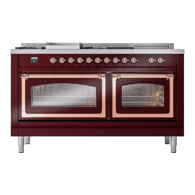 ILVE Nostalgie II Noblesse 60" Dual Fuel Freestanding Range in Burgundy with Copper Trim, UN60FSNMPBUP