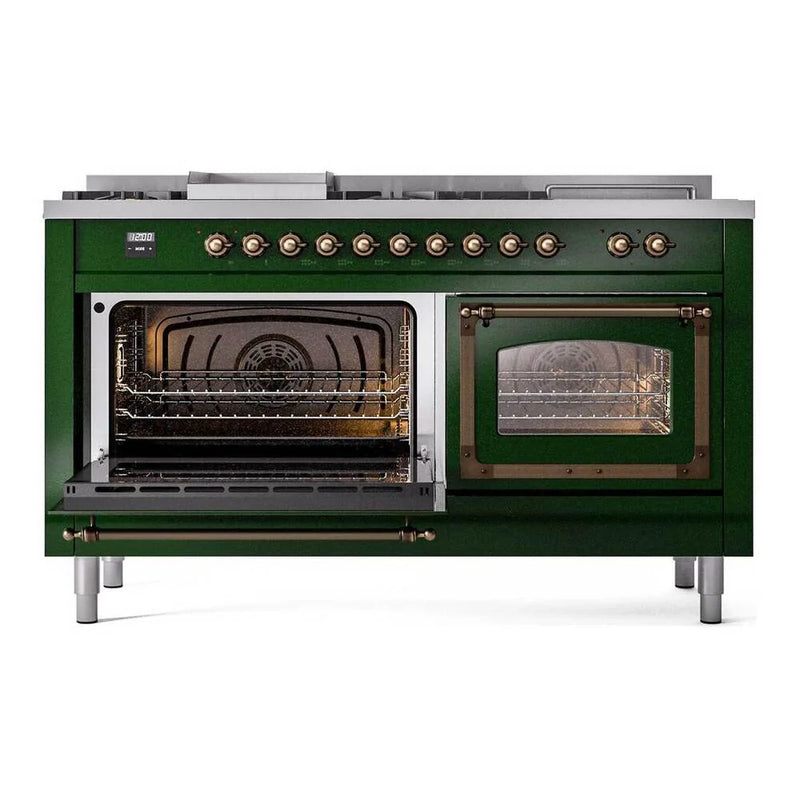 ILVE Nostalgie II Noblesse 60" Dual Fuel Freestanding Range in Emerald Green with Burnished Trim, UN60FSNMPEGBLP