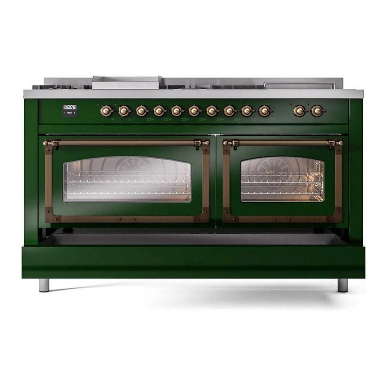 ILVE Nostalgie II Noblesse 60" Dual Fuel Freestanding Range in Emerald Green with Burnished Trim, UN60FSNMPEGBLP