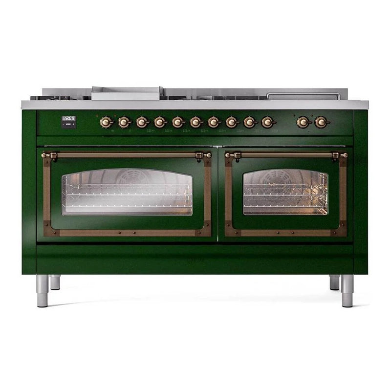 ILVE Nostalgie II Noblesse 60" Dual Fuel Freestanding Range in Emerald Green with Burnished Trim, UN60FSNMPEGB
