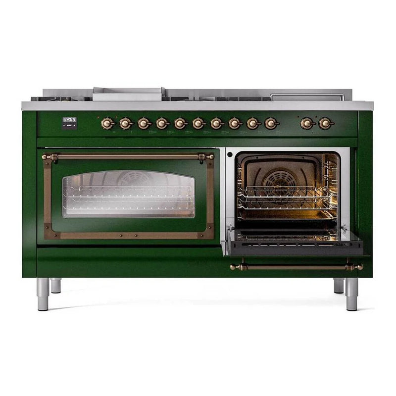 ILVE Nostalgie II Noblesse 60" Dual Fuel Freestanding Range in Emerald Green with Burnished Trim, UN60FSNMPEGB