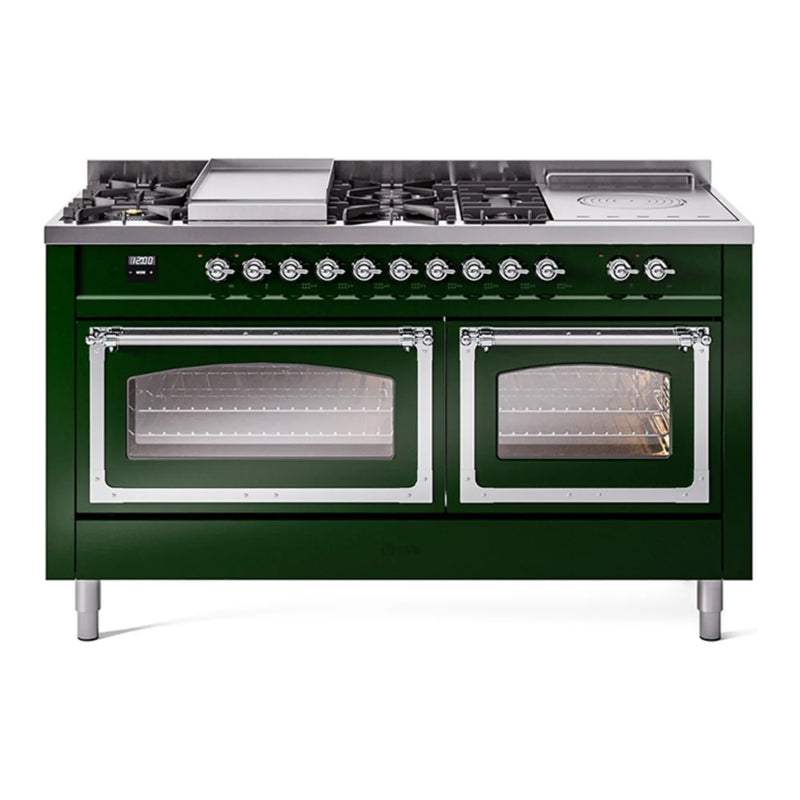 ILVE Nostalgie II Noblesse 60" Dual Fuel Freestanding Range in Emerald Green with Chrome Trim, UN60FSNMPEGCLP