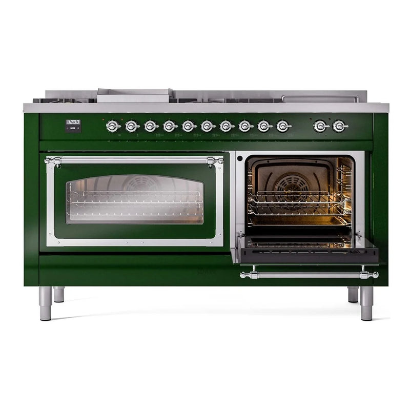 ILVE Nostalgie II Noblesse 60" Dual Fuel Freestanding Range in Emerald Green with Chrome Trim, UN60FSNMPEGCLP