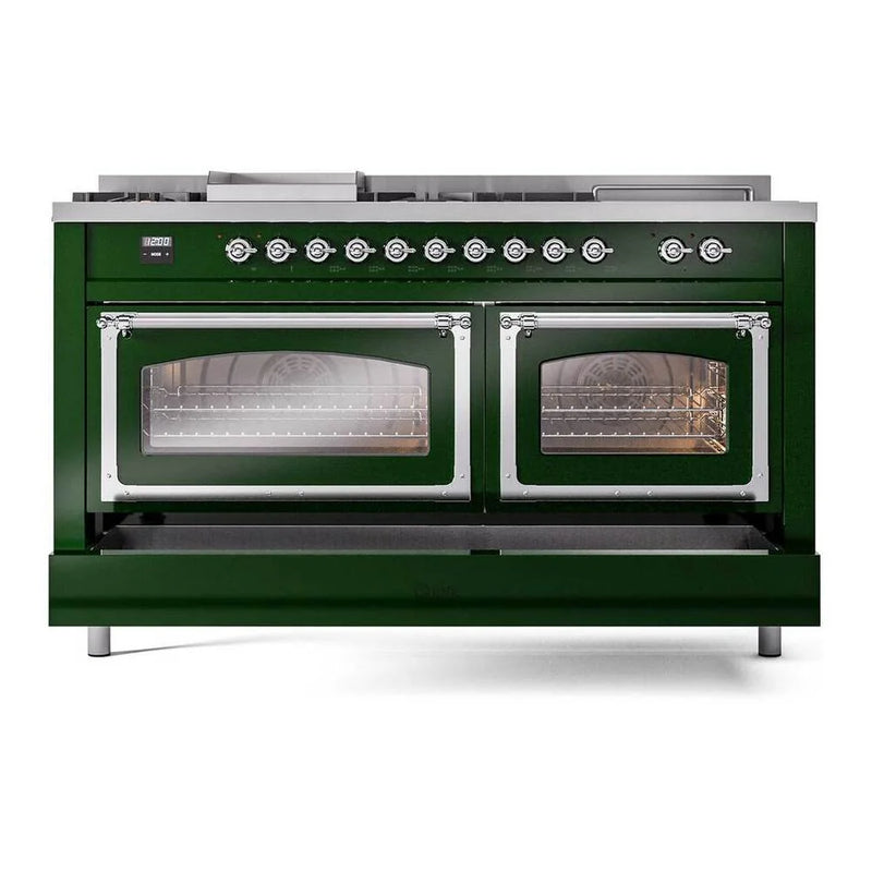ILVE Nostalgie II Noblesse 60" Dual Fuel Freestanding Range in Emerald Green with Chrome Trim, UN60FSNMPEGCLP