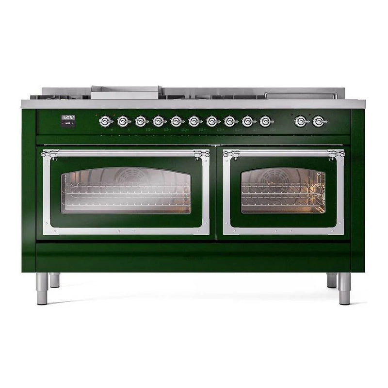 ILVE Nostalgie II Noblesse 60" Dual Fuel Freestanding Range in Emerald Green with Chrome Trim, UN60FSNMPEGC
