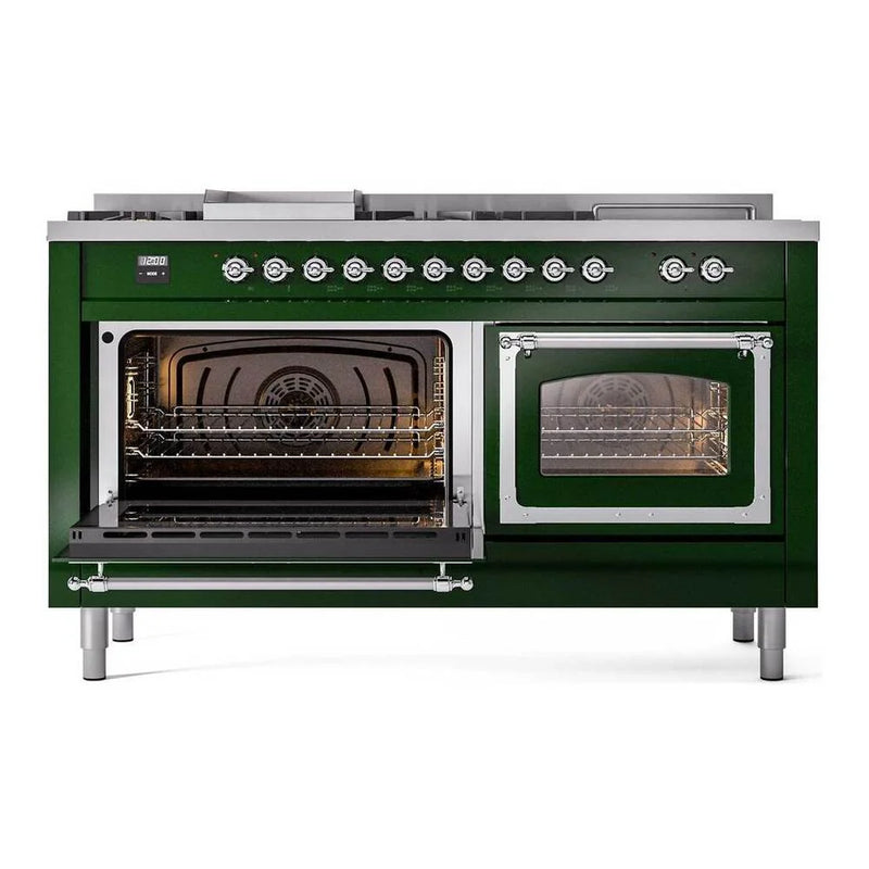ILVE Nostalgie II Noblesse 60" Dual Fuel Freestanding Range in Emerald Green with Chrome Trim, UN60FSNMPEGC