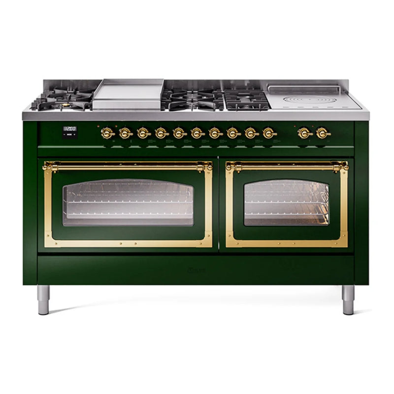 ILVE Nostalgie II Noblesse 60" Dual Fuel Freestanding Range in Emerald Green with Brass Trim, UN60FSNMPEGGLP