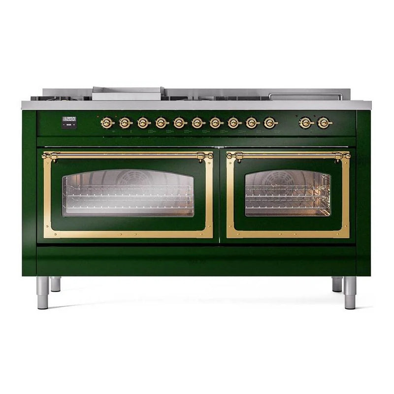 ILVE Nostalgie II Noblesse 60" Dual Fuel Freestanding Range in Emerald Green with Brass Trim, UN60FSNMPEGGLP