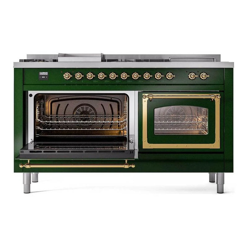 ILVE Nostalgie II Noblesse 60" Dual Fuel Freestanding Range in Emerald Green with Brass Trim, UN60FSNMPEGGLP