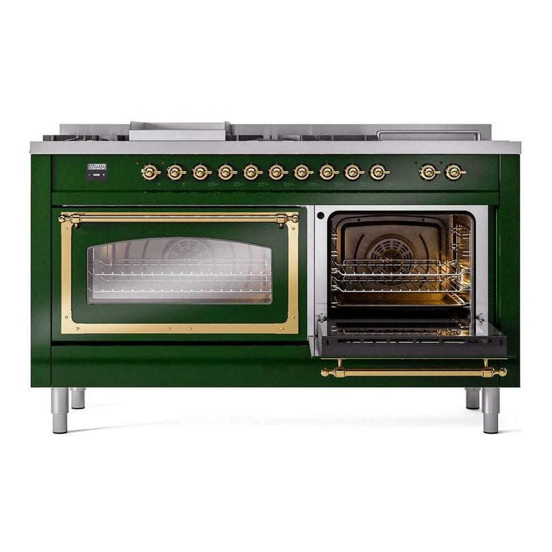 ILVE Nostalgie II Noblesse 60" Dual Fuel Freestanding Range in Emerald Green with Brass Trim, UN60FSNMPEGGLP