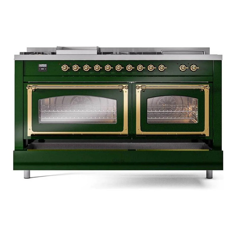 ILVE Nostalgie II Noblesse 60" Dual Fuel Freestanding Range in Emerald Green with Brass Trim, UN60FSNMPEGGLP