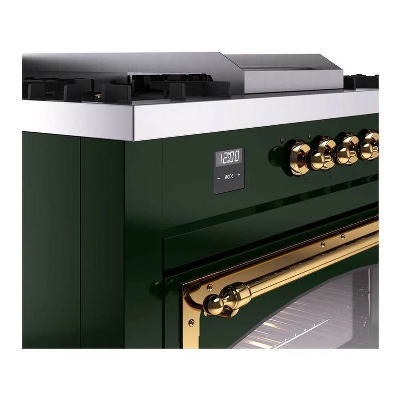 ILVE Nostalgie II Noblesse 60" Dual Fuel Freestanding Range in Emerald Green with Brass Trim, UN60FSNMPEGGLP