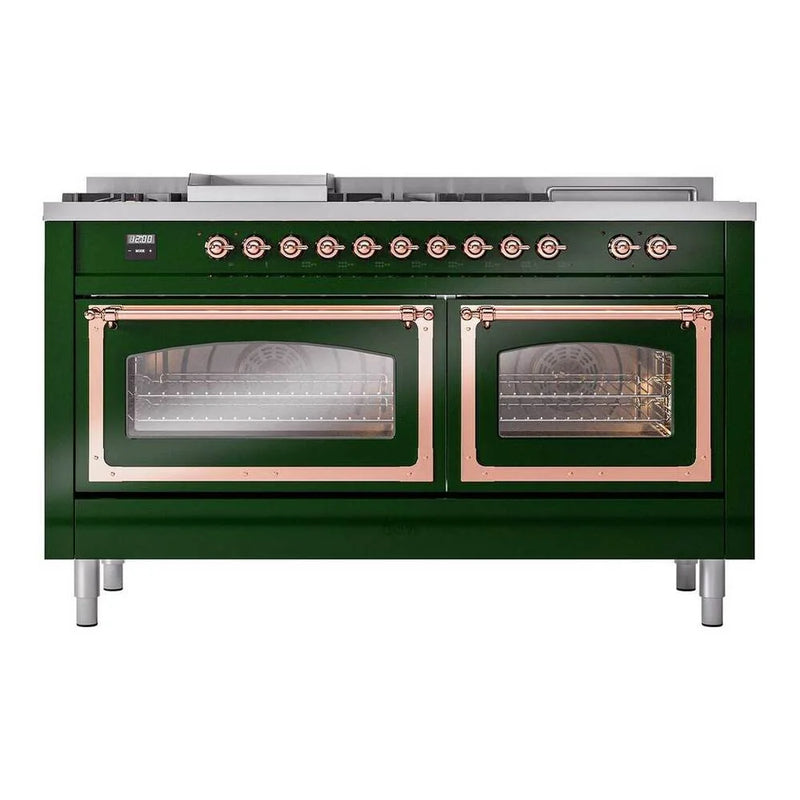ILVE Nostalgie II Noblesse 60" Dual Fuel Freestanding Range in Emerald Green with Copper Trim, UN60FSNMPEGPLP