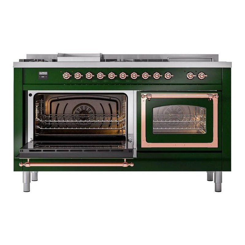 ILVE Nostalgie II Noblesse 60" Dual Fuel Freestanding Range in Emerald Green with Copper Trim, UN60FSNMPEGPLP
