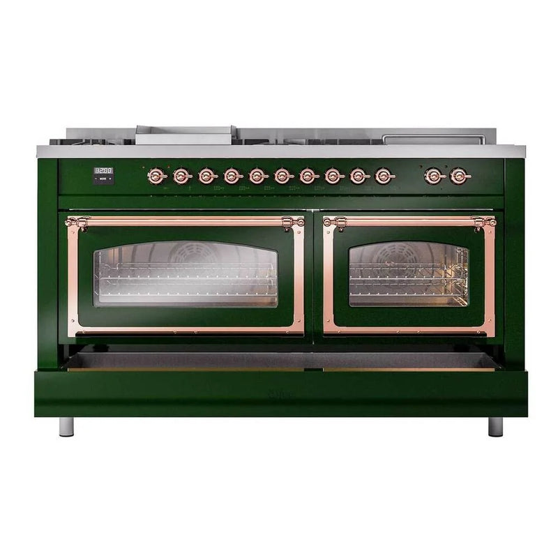 ILVE Nostalgie II Noblesse 60" Dual Fuel Freestanding Range in Emerald Green with Copper Trim, UN60FSNMPEGPLP