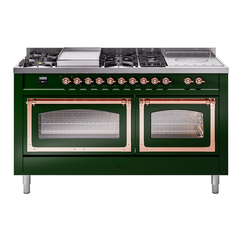 ILVE Nostalgie II Noblesse 60" Dual Fuel Freestanding Range in Emerald Green with Copper Trim, UN60FSNMPEGP